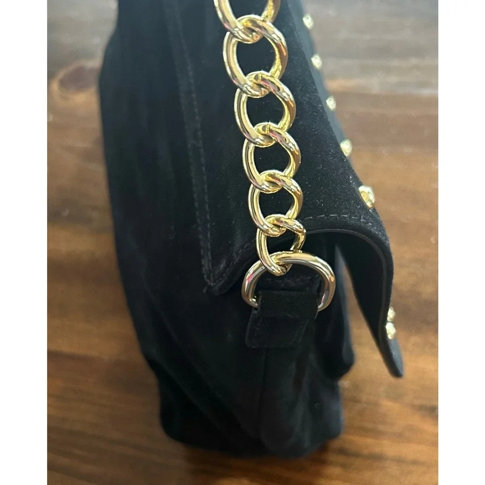 Talbots Suede Shoulder Bag Womens Small Black Studded‎ Gold Chain Strap Purse